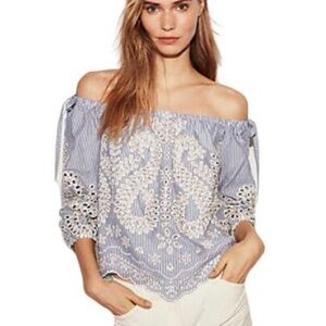 ✨⚡️💥Express Blouse Eyelet Off the Shoulder Striped 3/4 Sleeve Cotton Lined Blue